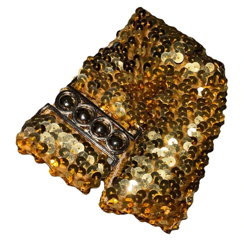 Vintage Belt Women's‎ XXL Gold Sequins Stretch Silver Buckle Boho Disco Glam